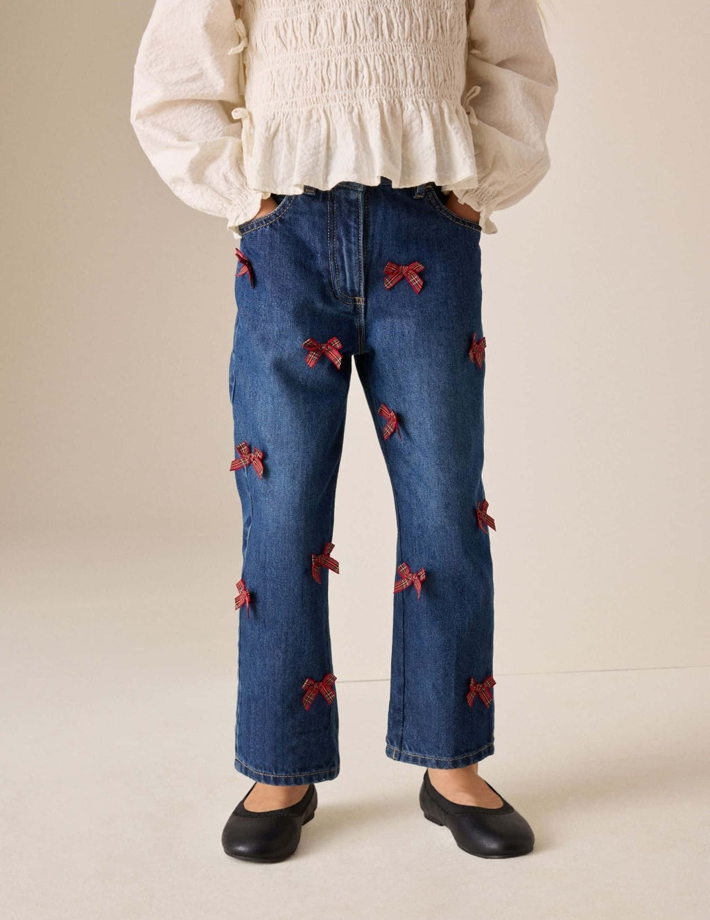 Denim/ Red Tartan Bows Mom Jeans