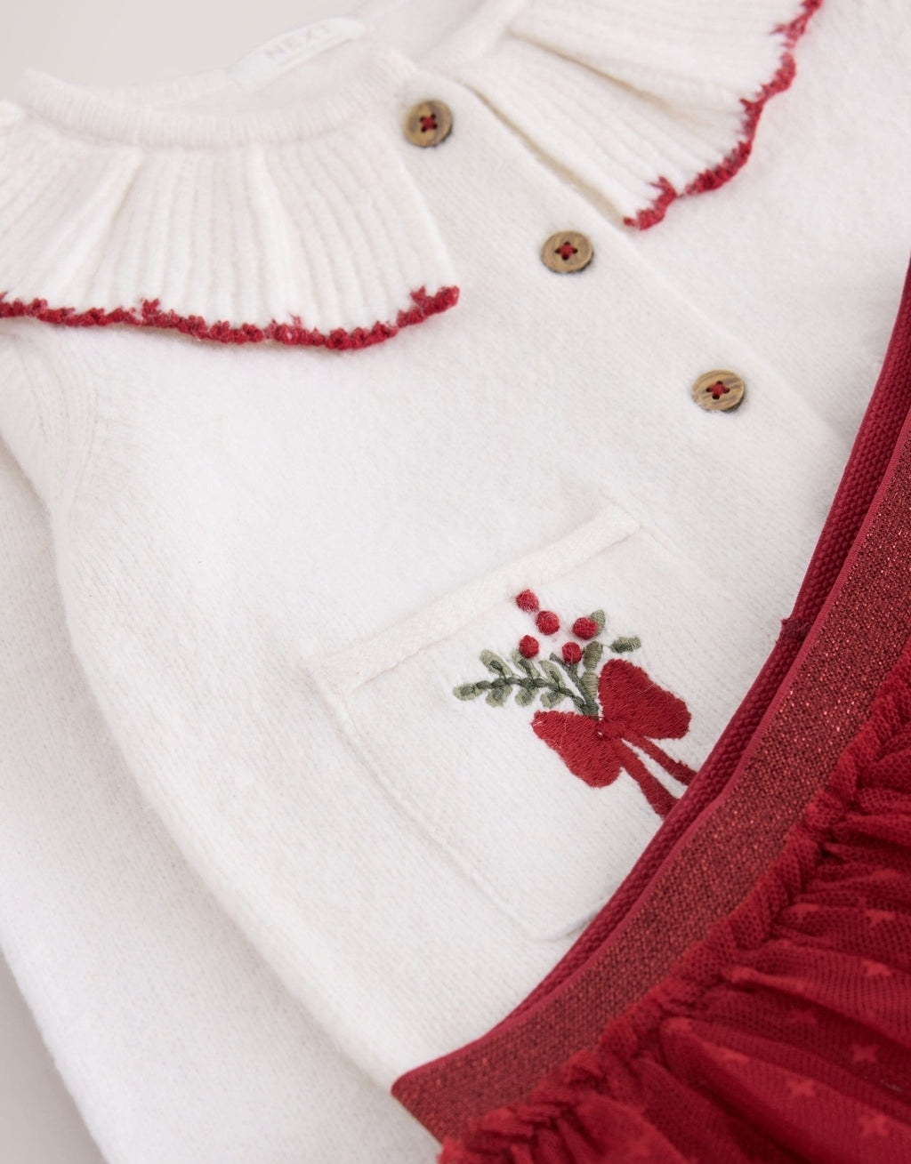 Ecru and Burgundy Red Embroidered Cardigan and Skirt