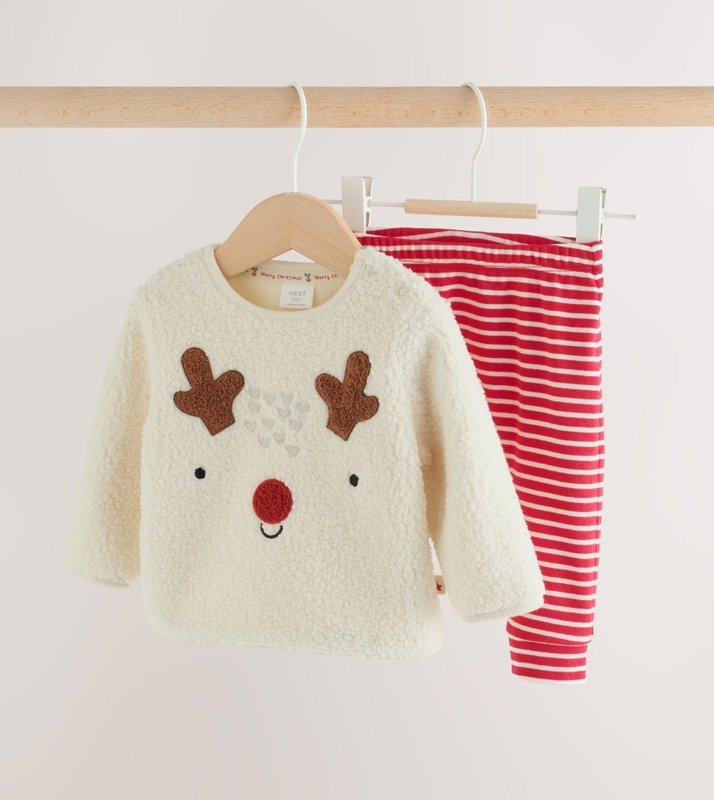 Neutral Reindeer Baby Fleece Top and Leggings Set