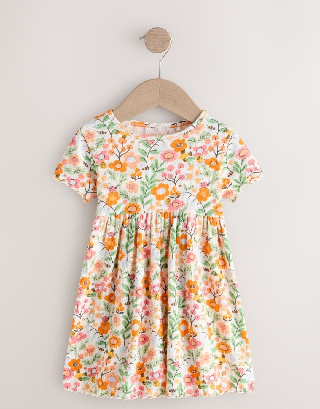Orange Floral Short Sleeve Ribbed Dress