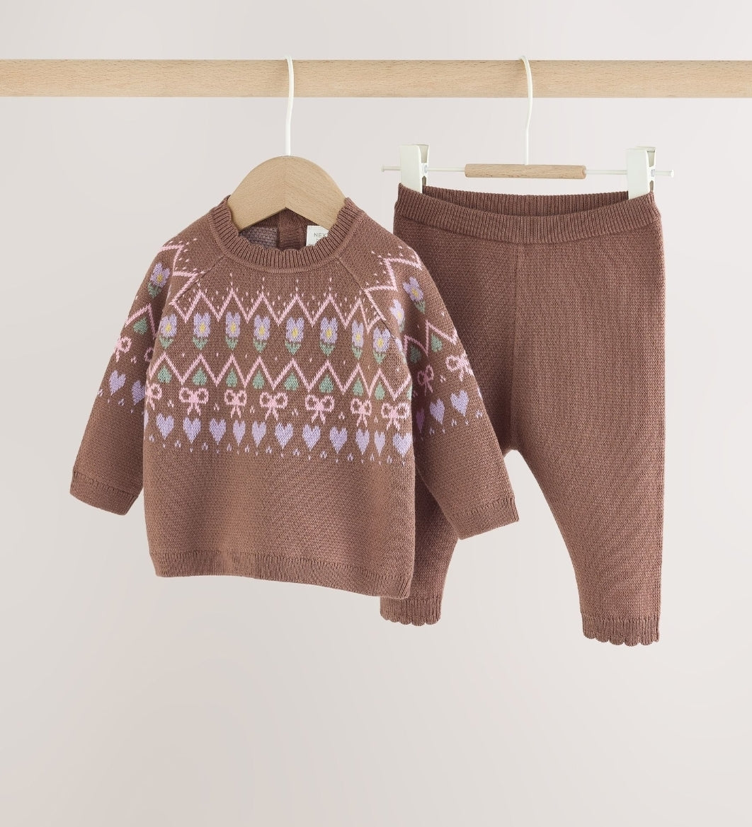 Chocolate Brown Fairisle Knitted Jumper and Legging Baby Set 2 Piece