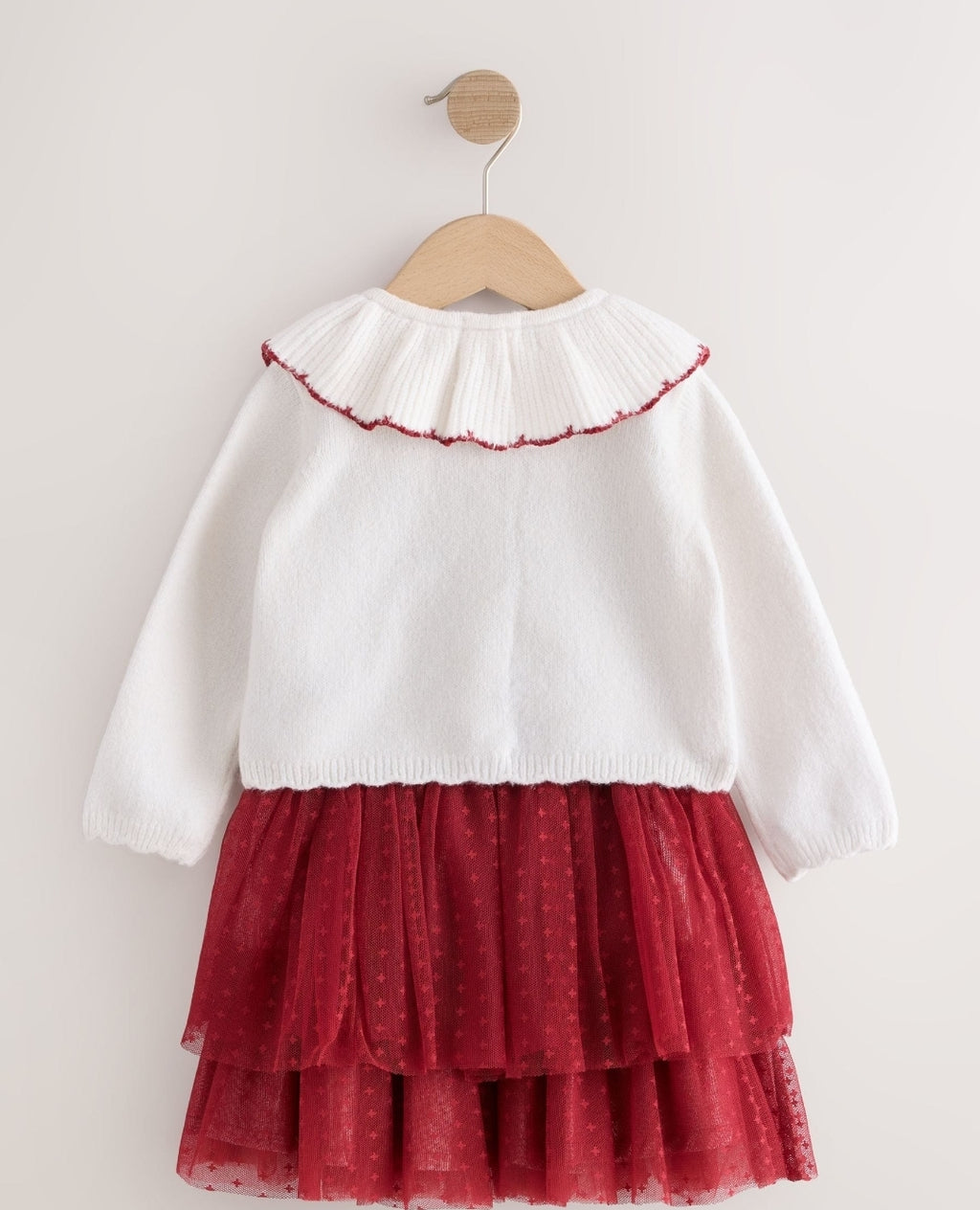 Ecru and Burgundy Red Embroidered Cardigan and Skirt