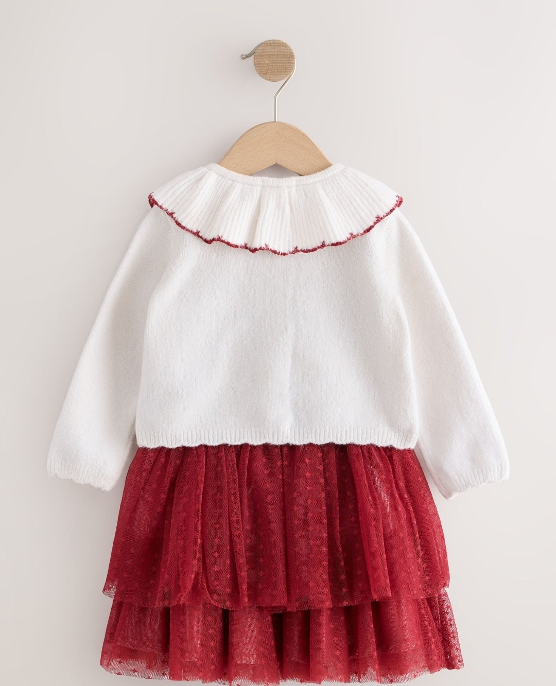 Ecru and Burgundy Red Embroidered Cardigan and Skirt