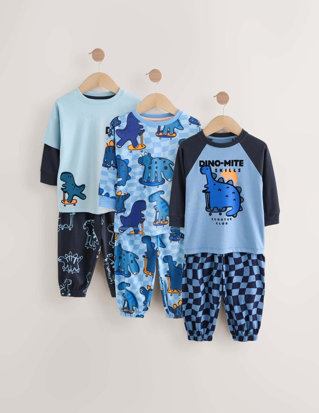 Orange/Navy Dinosaur Oversized Pyjamas 3 Pack