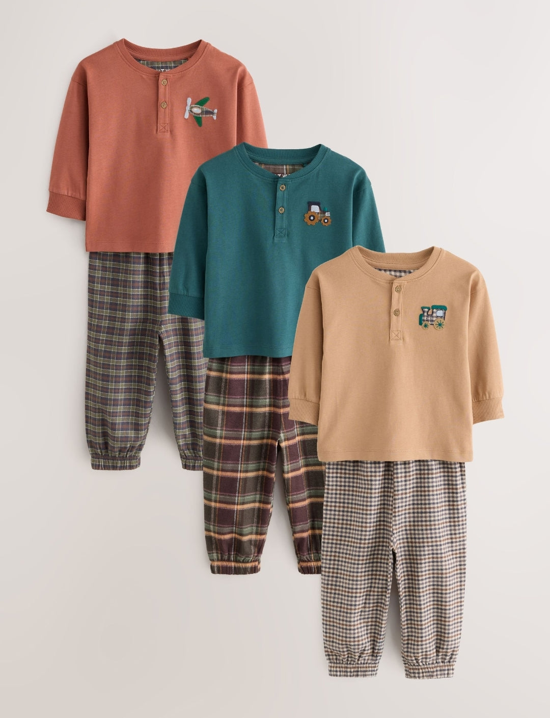 Tan/Teal/Rust Transport Check Woven Bottom Pyjamas 3 Pack