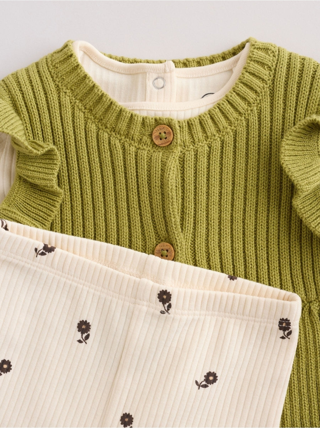 Ecru / Green Knitted Gilet and Printed Rib 3 Piece Baby Set