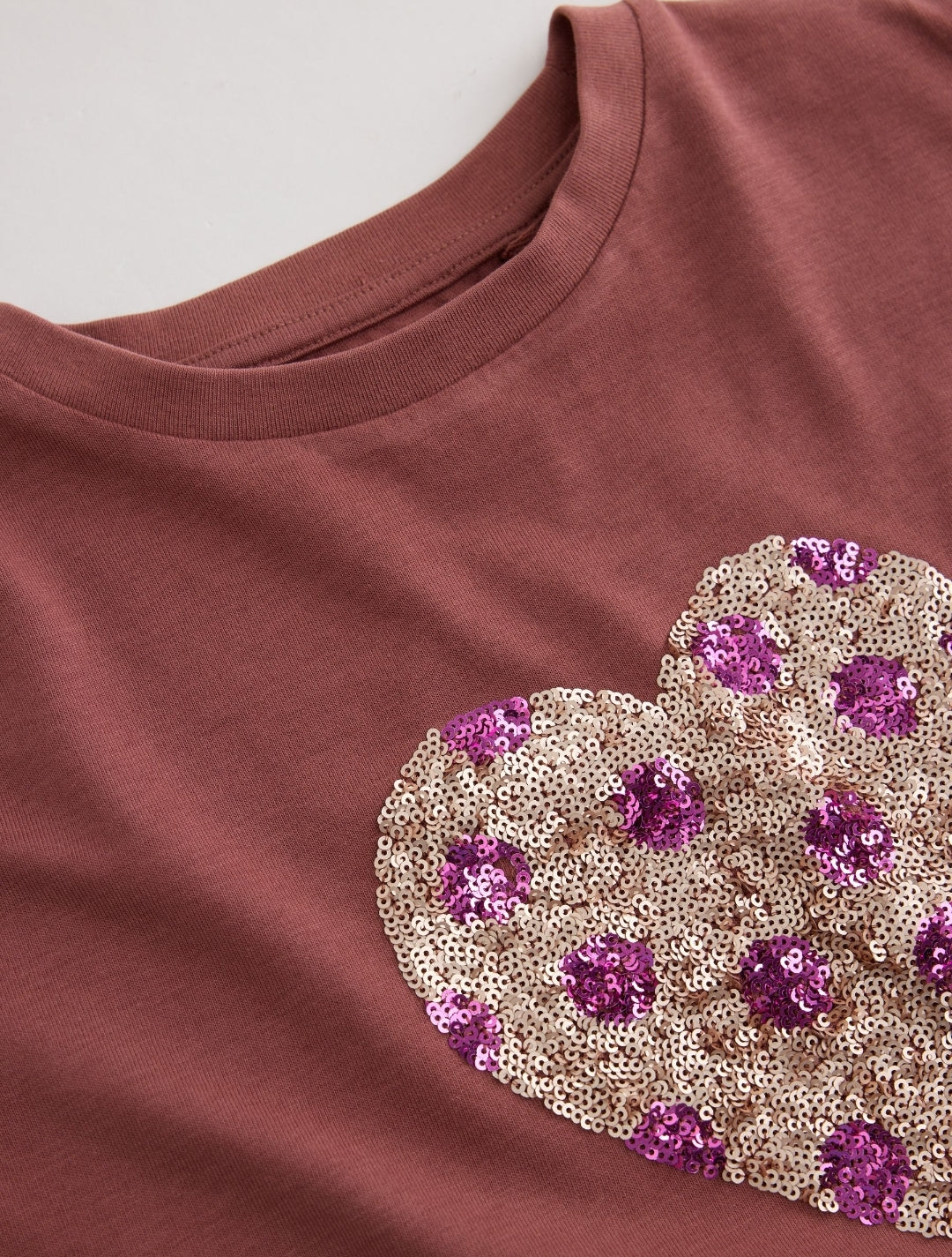 Brown Spot Long Sleeve Sequin Heart Top