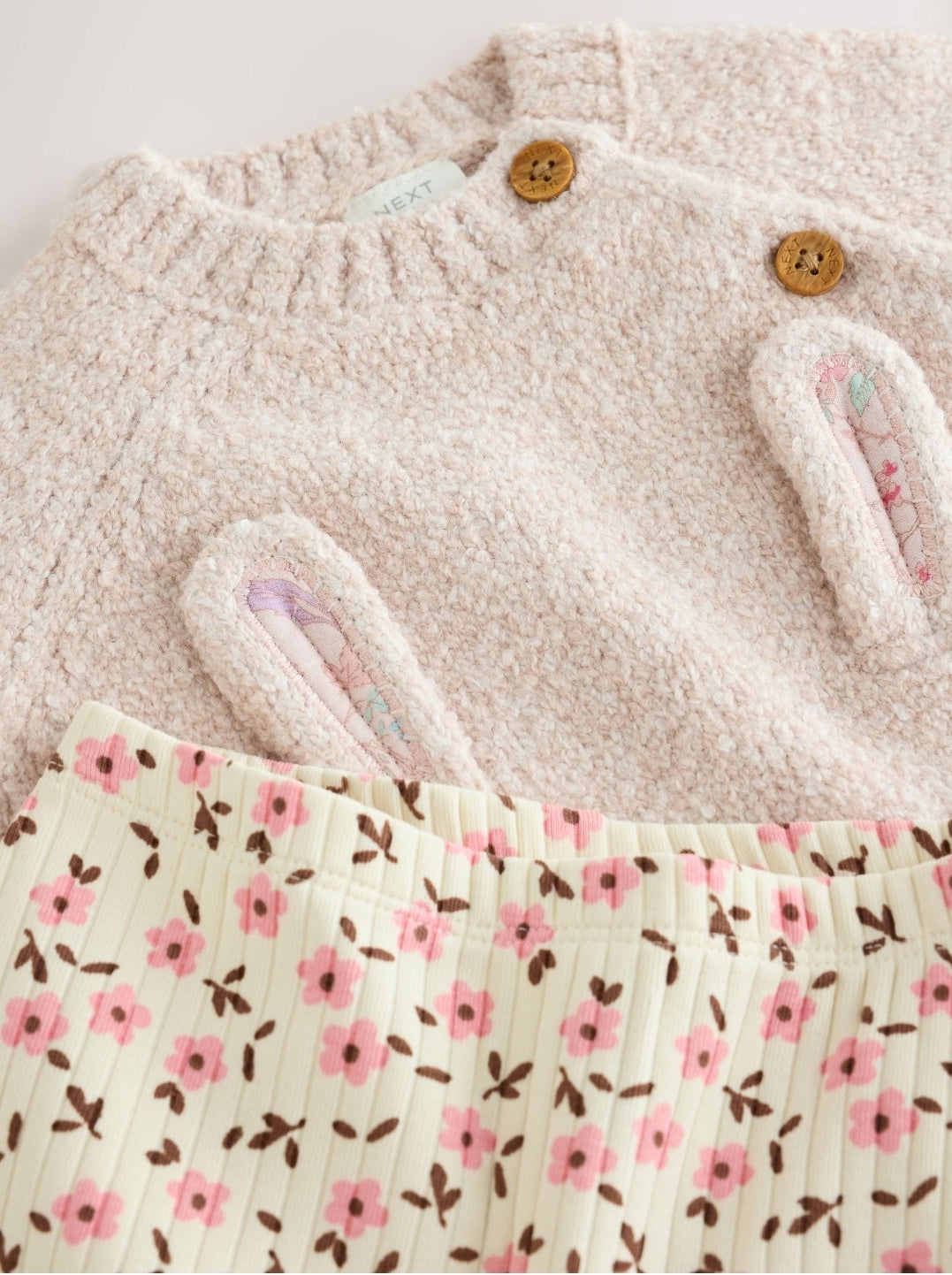 Ecru Bunny Knitted Jumper and Floral Leggings Baby Set 2 Piece