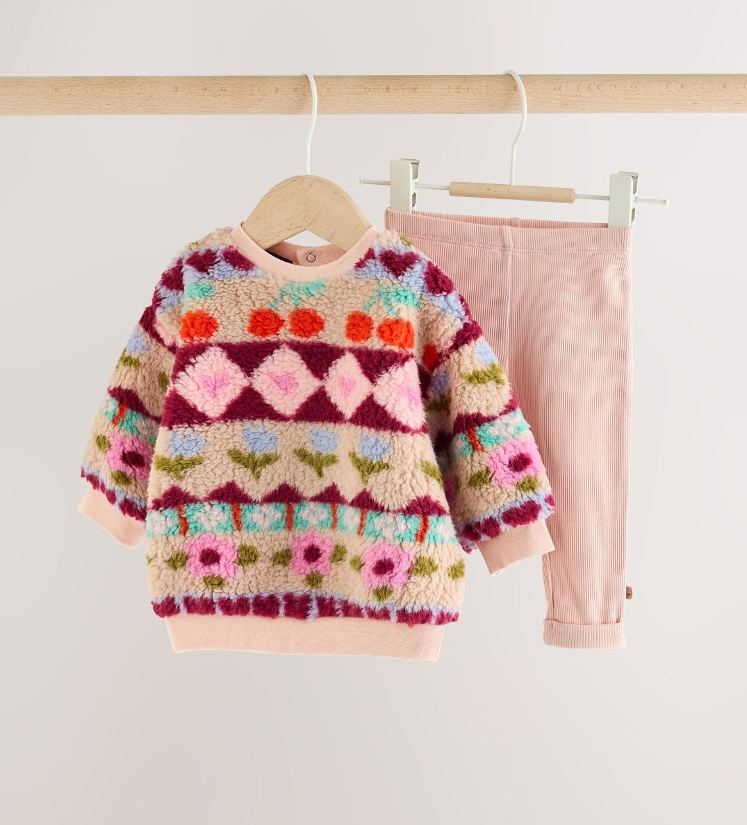 Pink Fairsle Printed Baby Fleece Sweater and Leggings Set 2 Piece