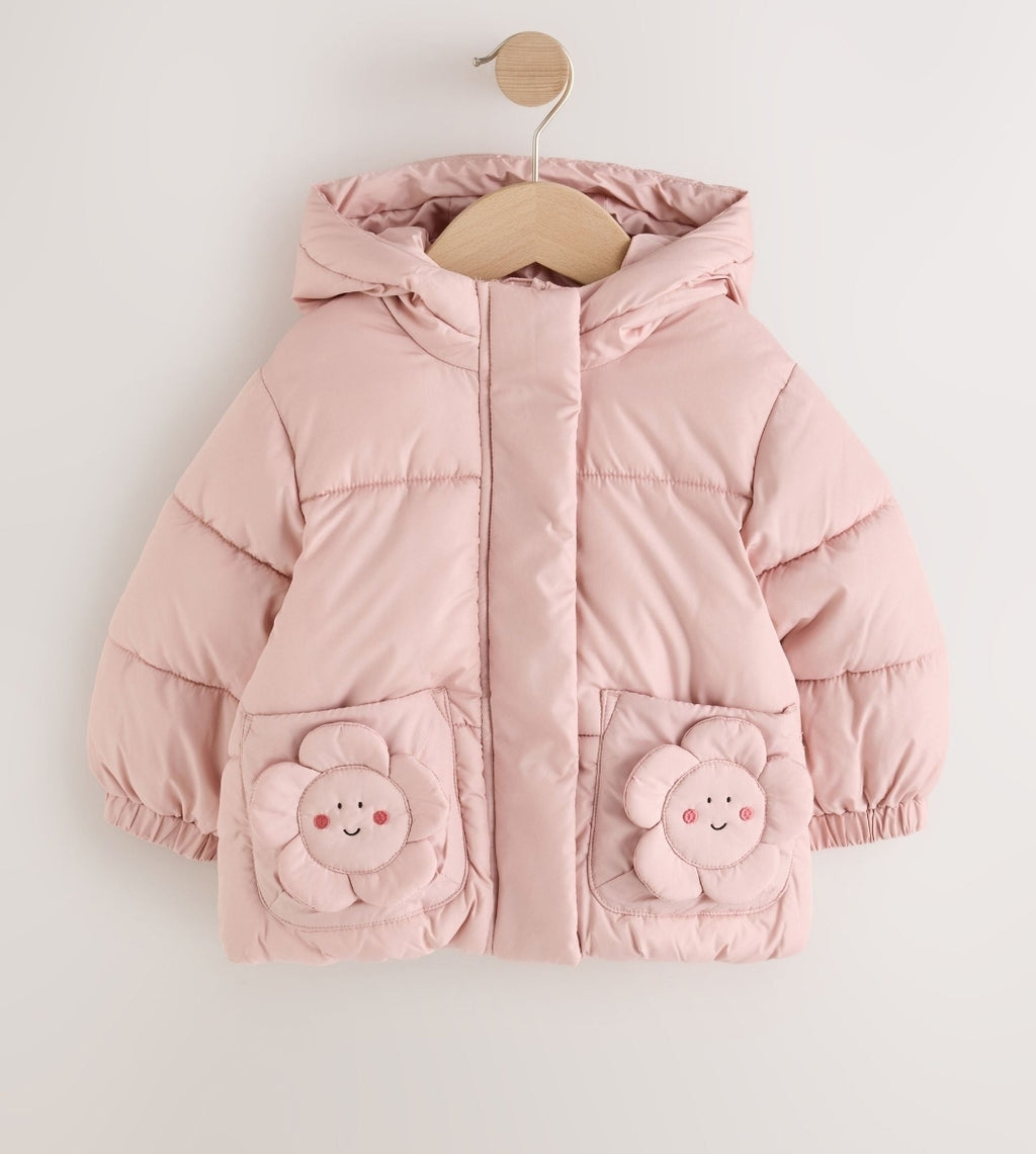 Light Pink Flower Pockets Shower Resistant Padded Coat