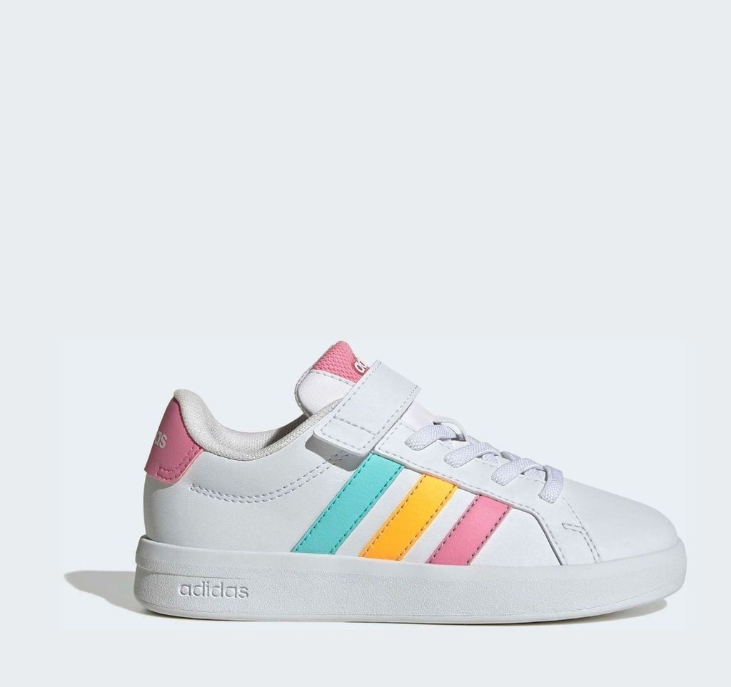 adidas White/Multi Grand Court 3.0 Elastic Lace Kids Trainers