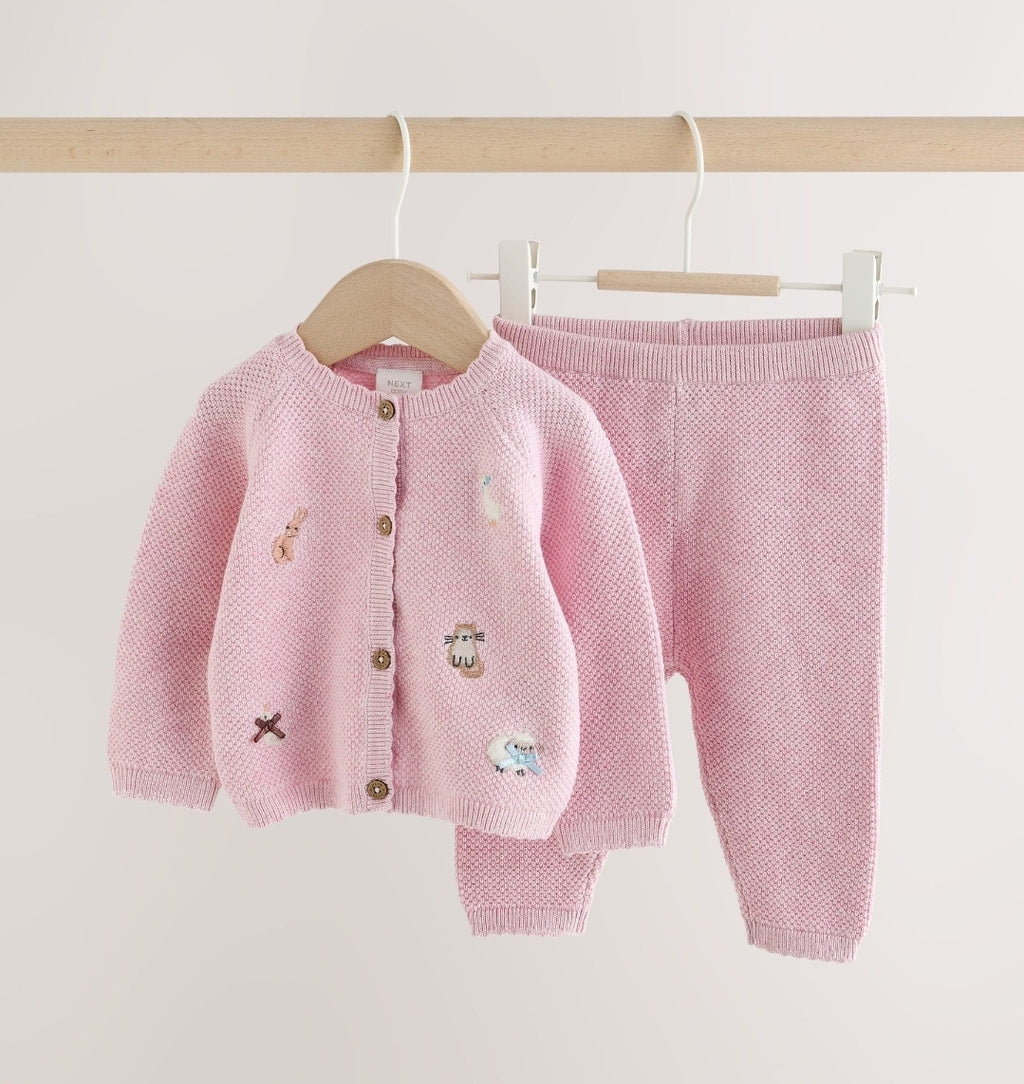 Pink Embroidered Character Baby Cardigan and Leggings Set 2 Piec