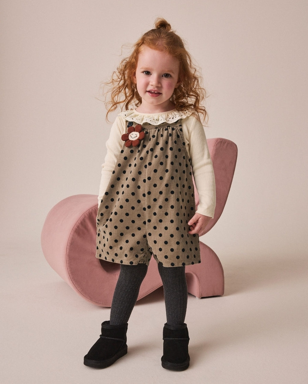 Brown Spot Cord Dungaree & Tights Set