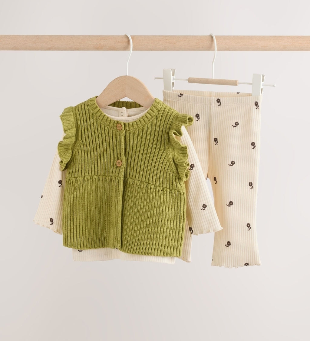 Ecru / Green Knitted Gilet and Printed Rib 3 Piece Baby Set