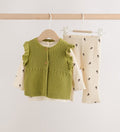 Ecru / Green Knitted Gilet and Printed Rib 3 Piece Baby Set