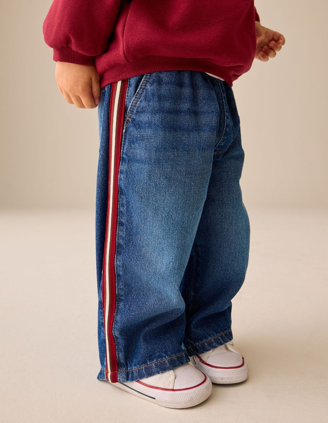 Mid Blue & Red Side Tape Wide Fit Jeans