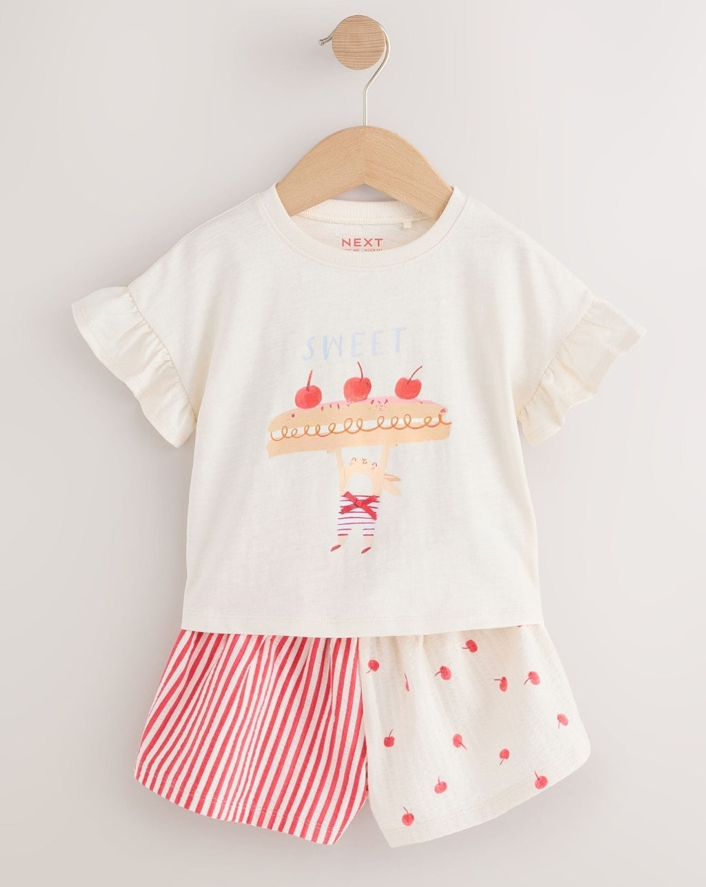 Ecru White Bunny Cherry Short Sleeve T-Shirt and Shorts Set