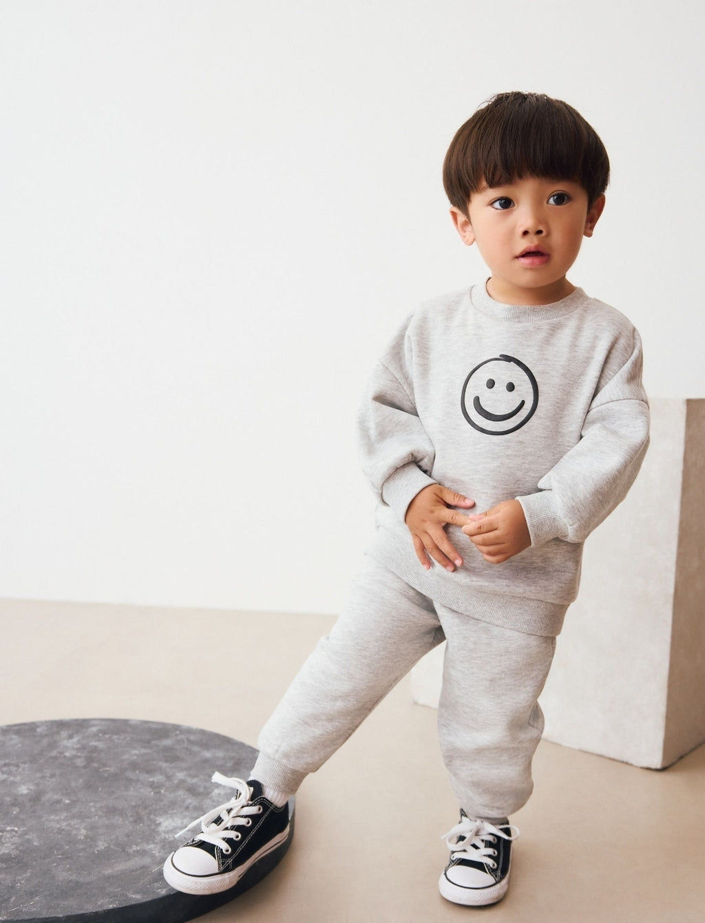 Grey Marl Single Printed Crew Neck Sweat Top & Joggers Set