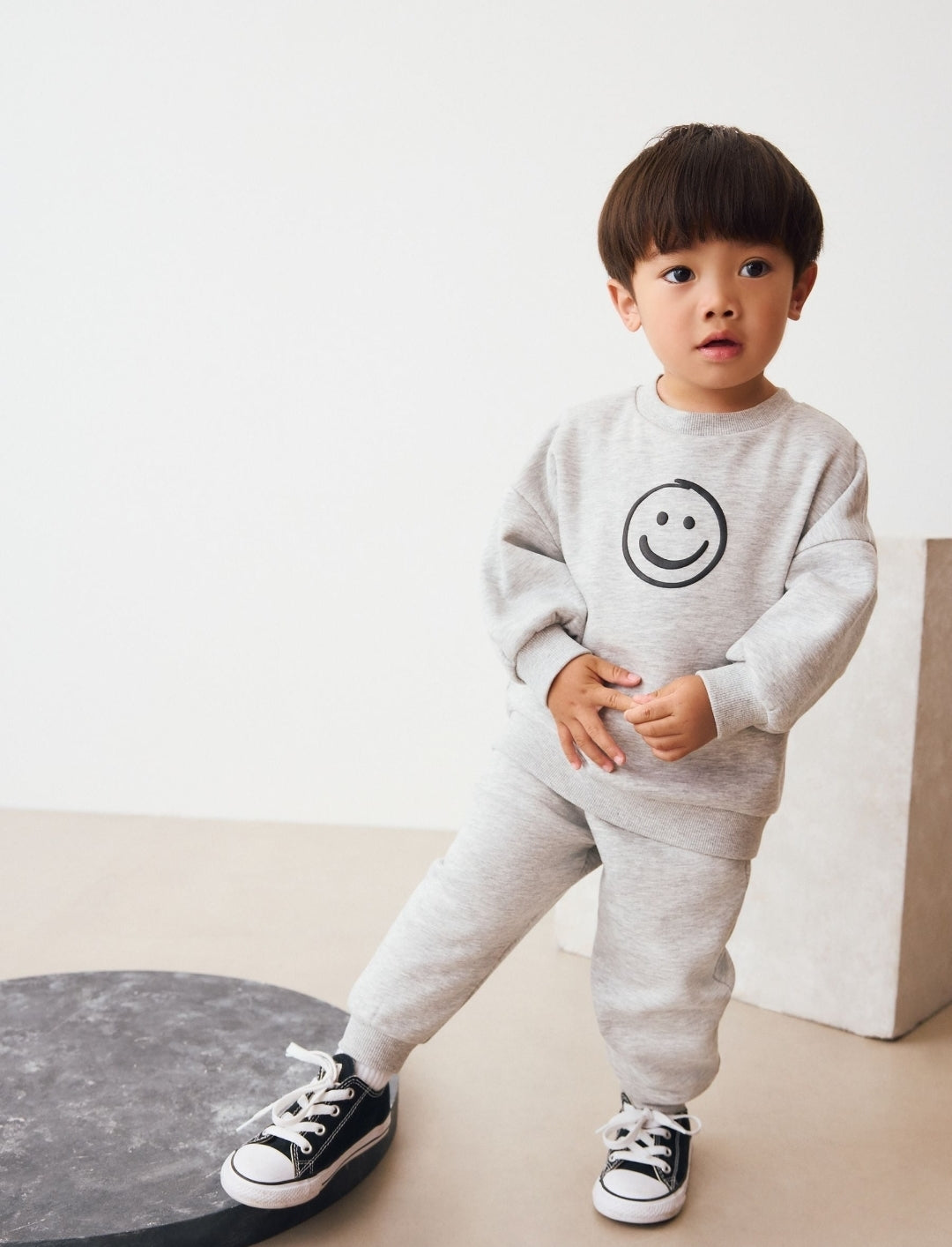 Grey Marl Single Printed Crew Neck Sweat Top & Joggers Set