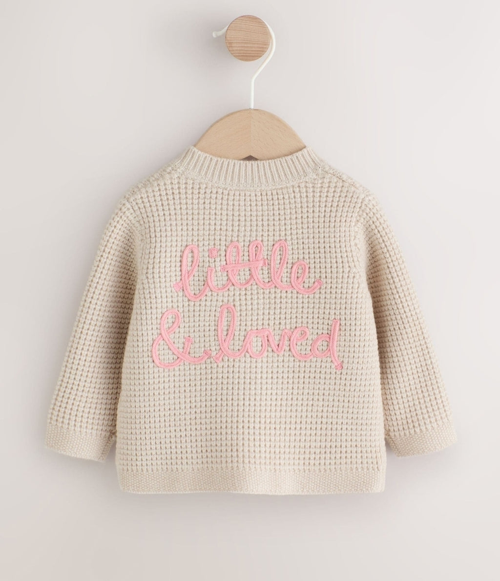 Ecru Little and Loved Slogan Back £ Knitted Baby Cardigan