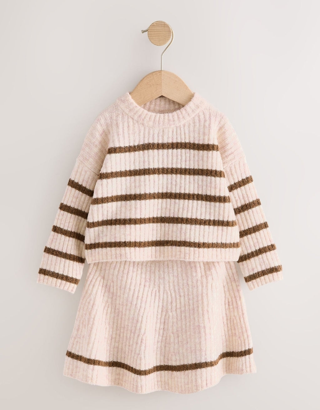 Ecru and Chocolate Stripe Rib Skirt Set