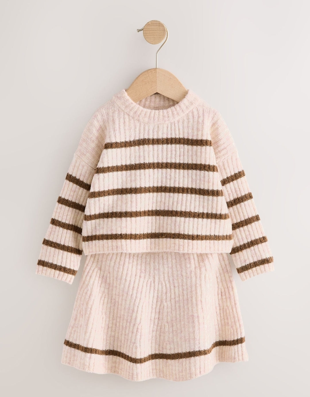 Ecru and Chocolate Stripe Rib Skirt Set