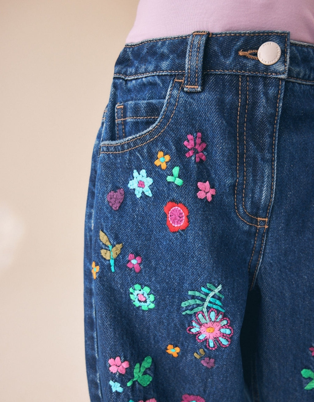 Floral Embroidery Barrel Jeans