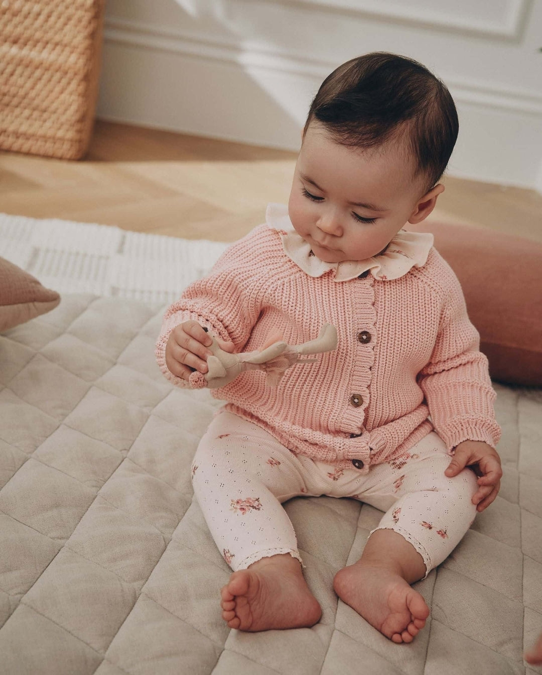 White Floral Bodysuit, Legging with Pink Knitted Cardigan Baby