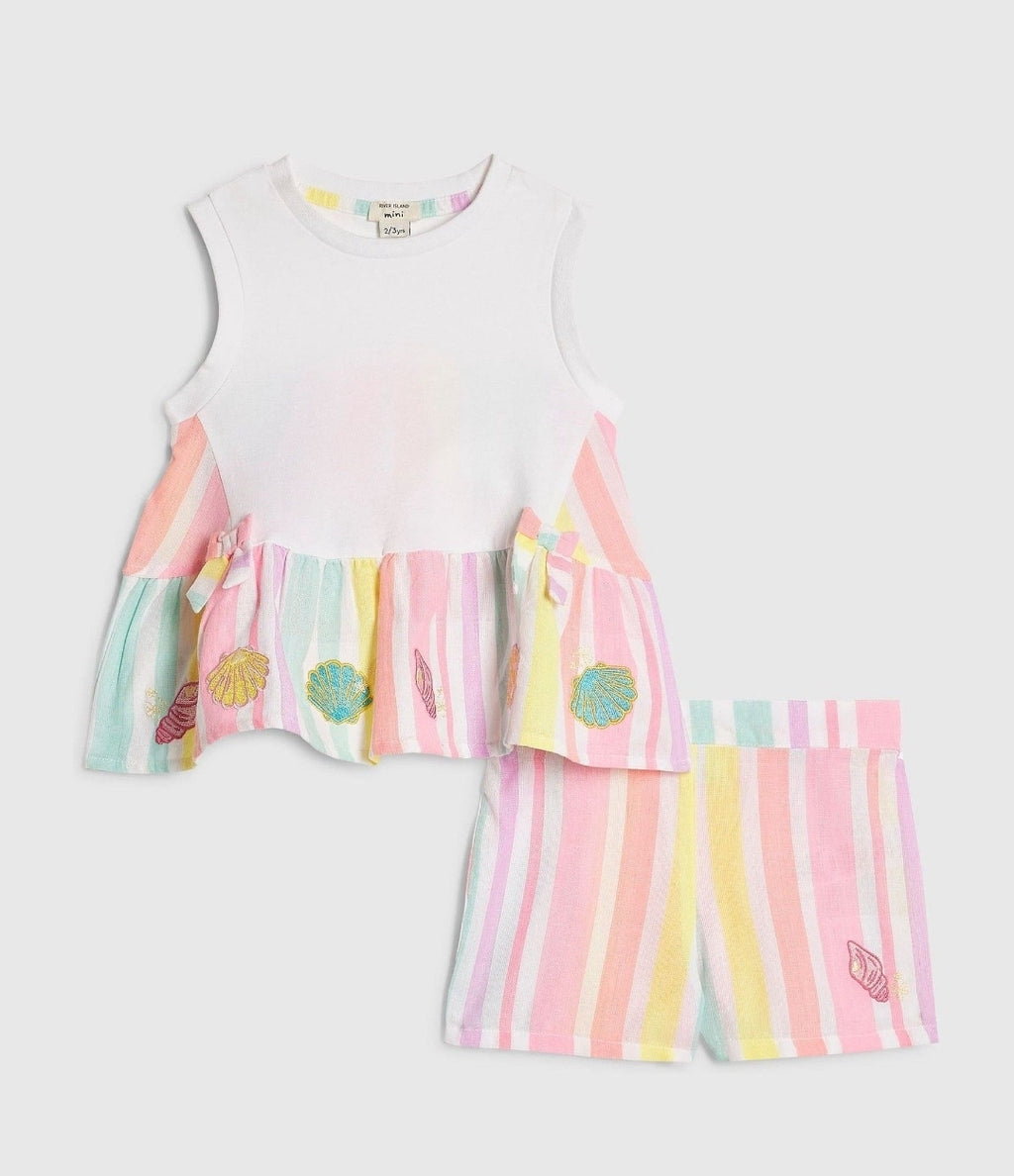 River Island White Stripe Frill Top & Shorts Set