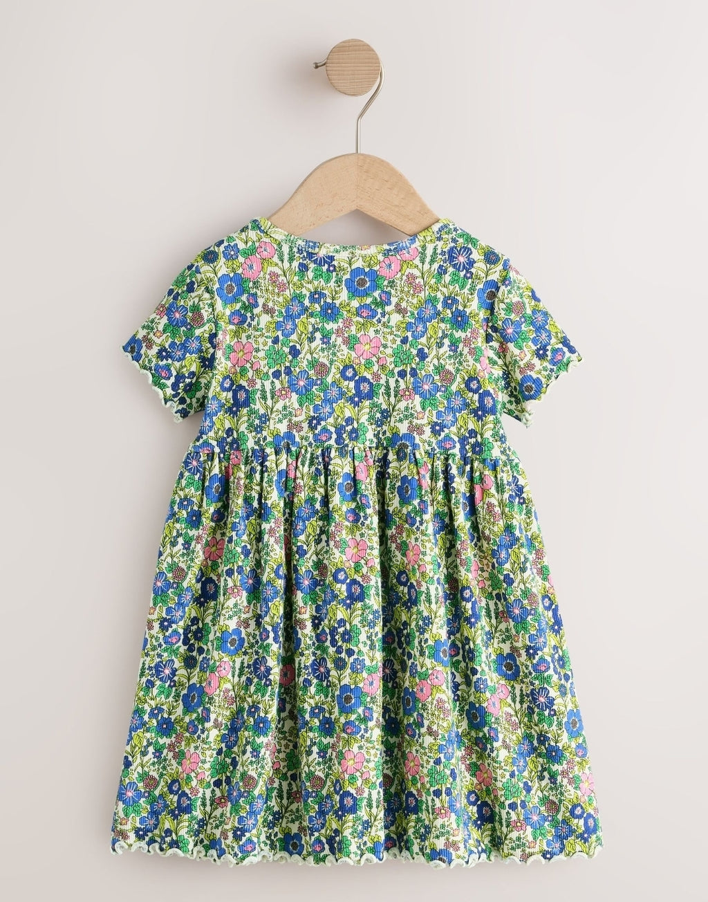 Blue Floral Short Sleeve Ribbed Dress