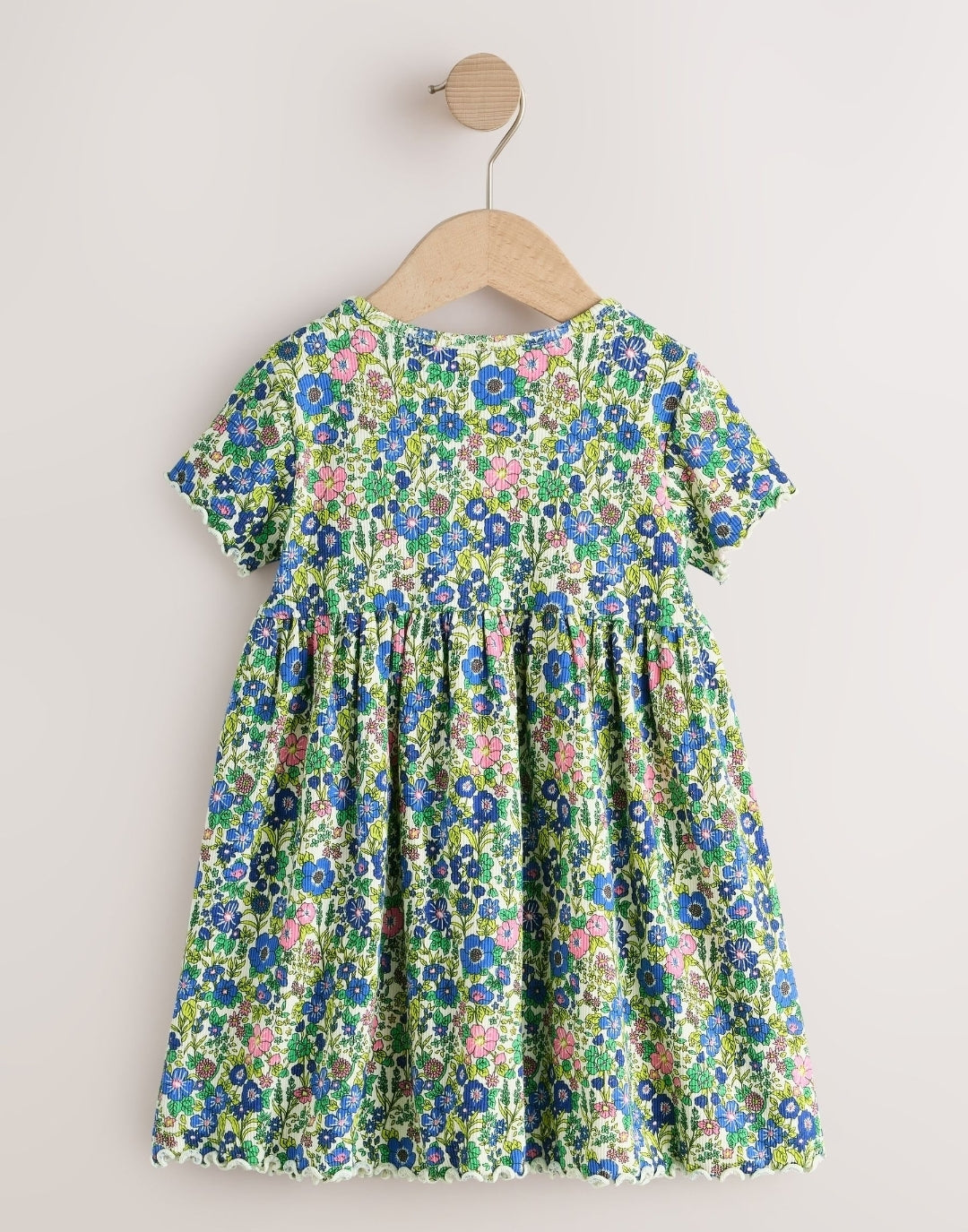Blue Floral Short Sleeve Ribbed Dress