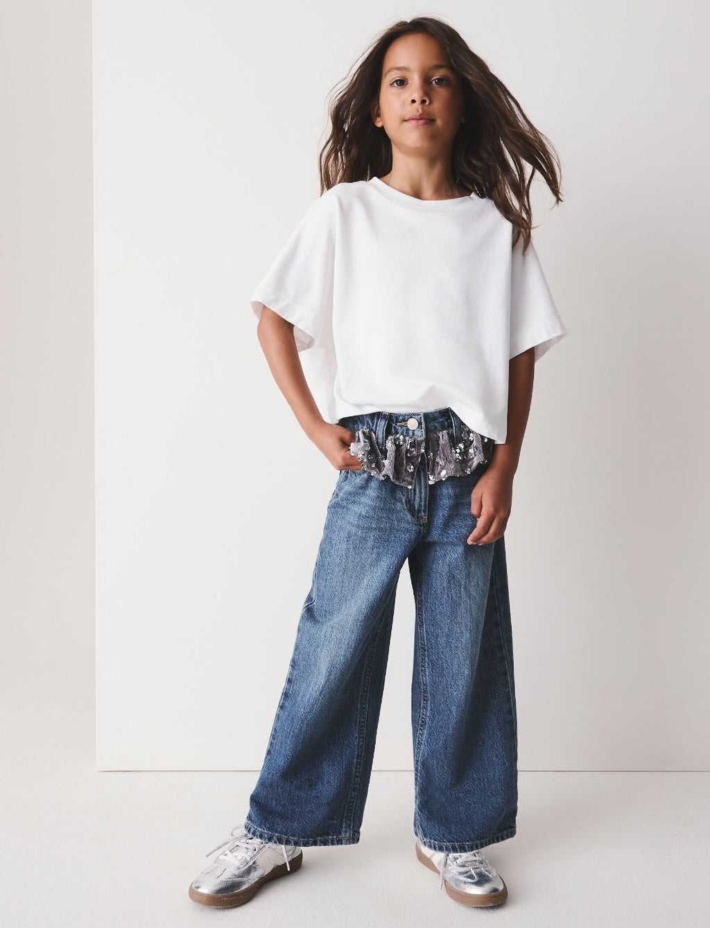 Blue Denim Sequin Peplum Wide Leg Jeans