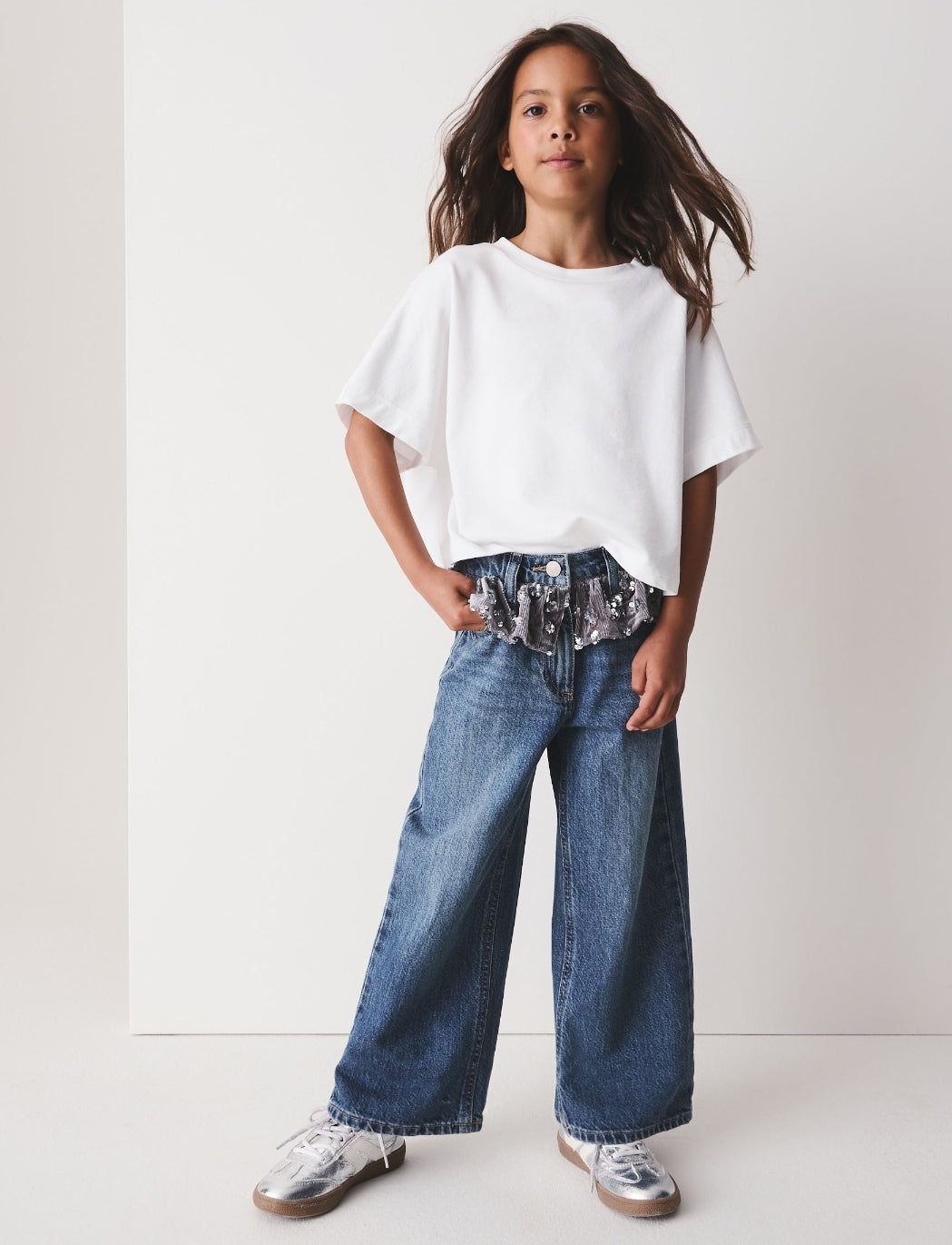 Blue Denim Sequin Peplum Wide Leg Jeans