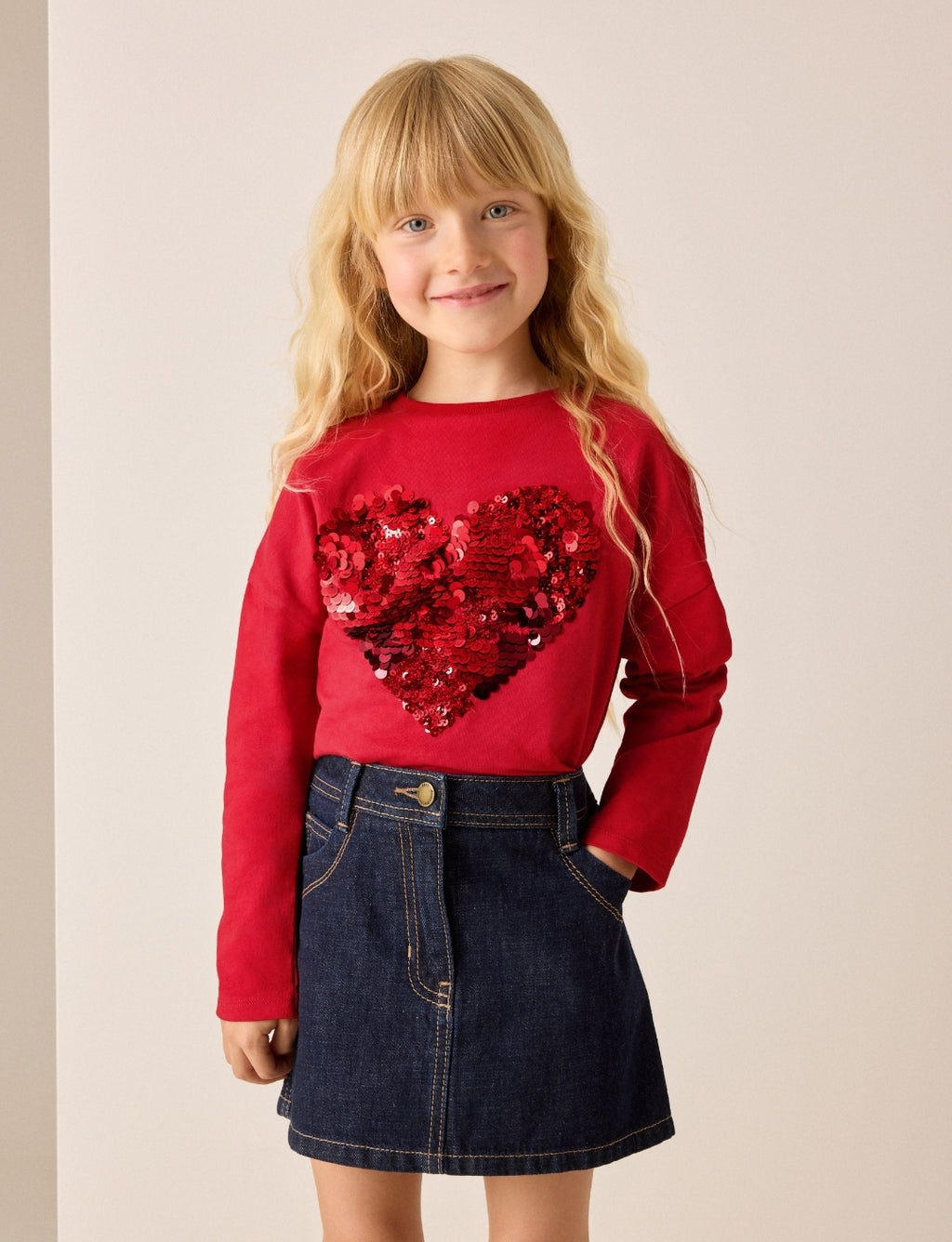 Red Long Sleeve Sequin Heart Top