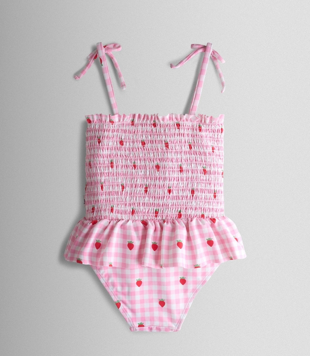 JoJo Maman Bébé Pink Cherry Gingham Shirred Tie Shoulder Swimsuit