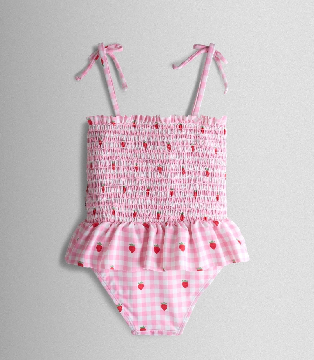 JoJo Maman Bébé Pink Cherry Gingham Shirred Tie Shoulder Swimsuit