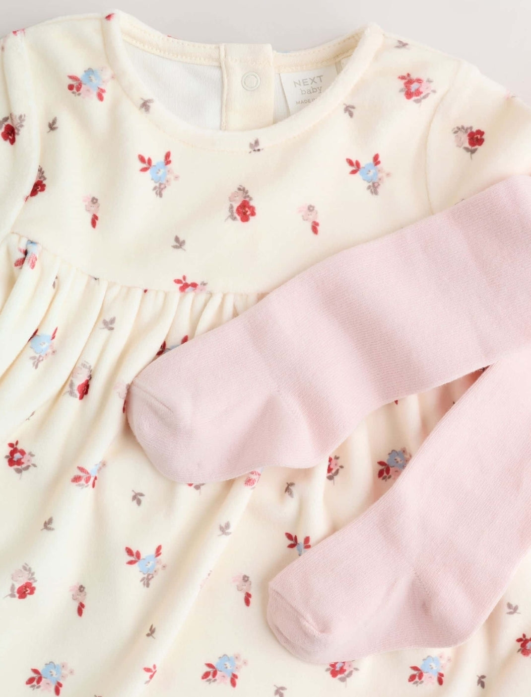Cream Ditsy Baby Long Sleeve Velour Dress and Tights Set 2 Piec