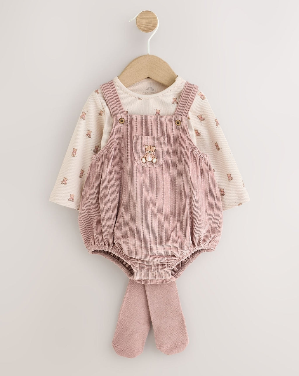 Pink Bear Cord Baby Long Sleeve Bodysuit, Romper And Tights