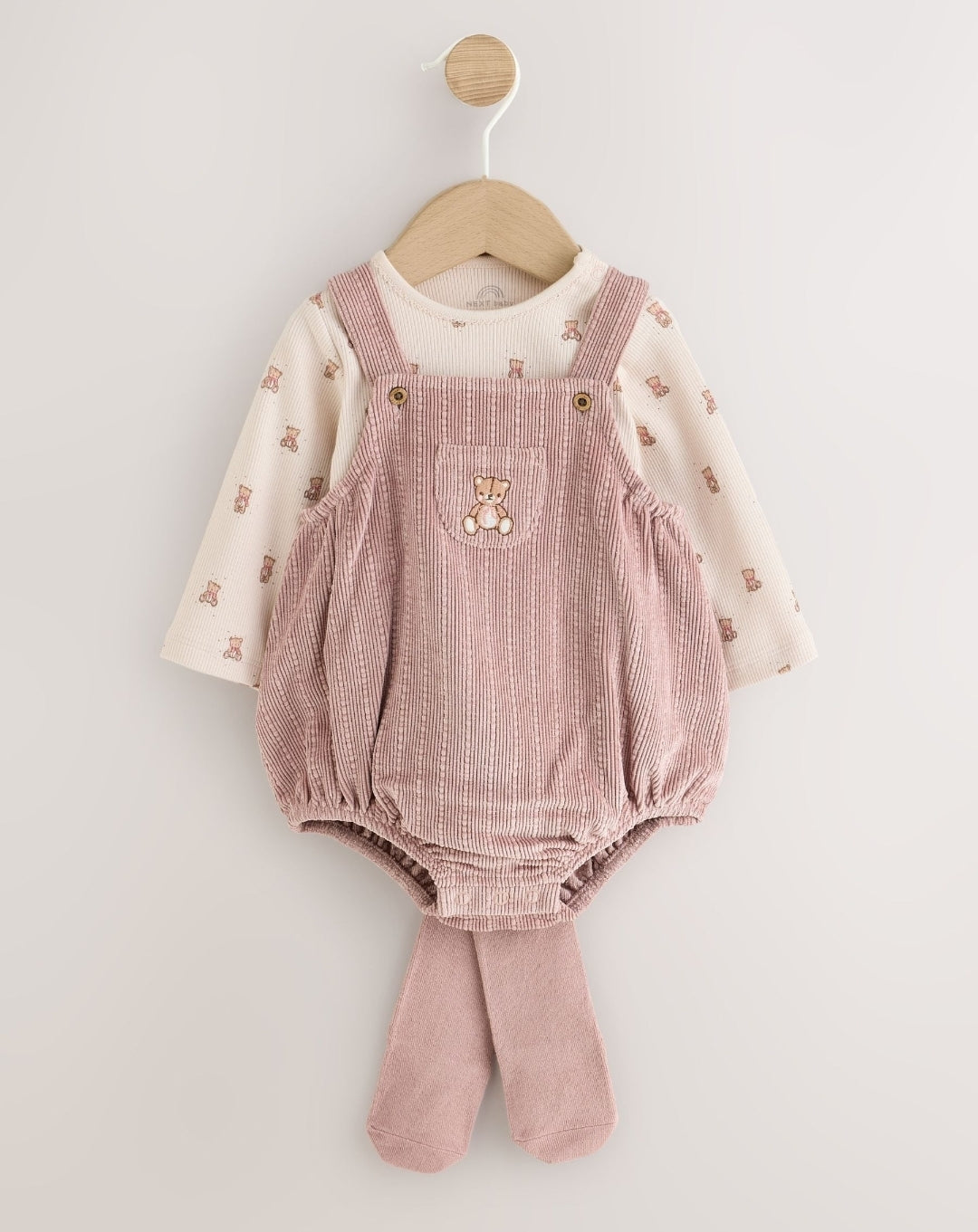 Pink Bear Cord Baby Long Sleeve Bodysuit, Romper And Tights