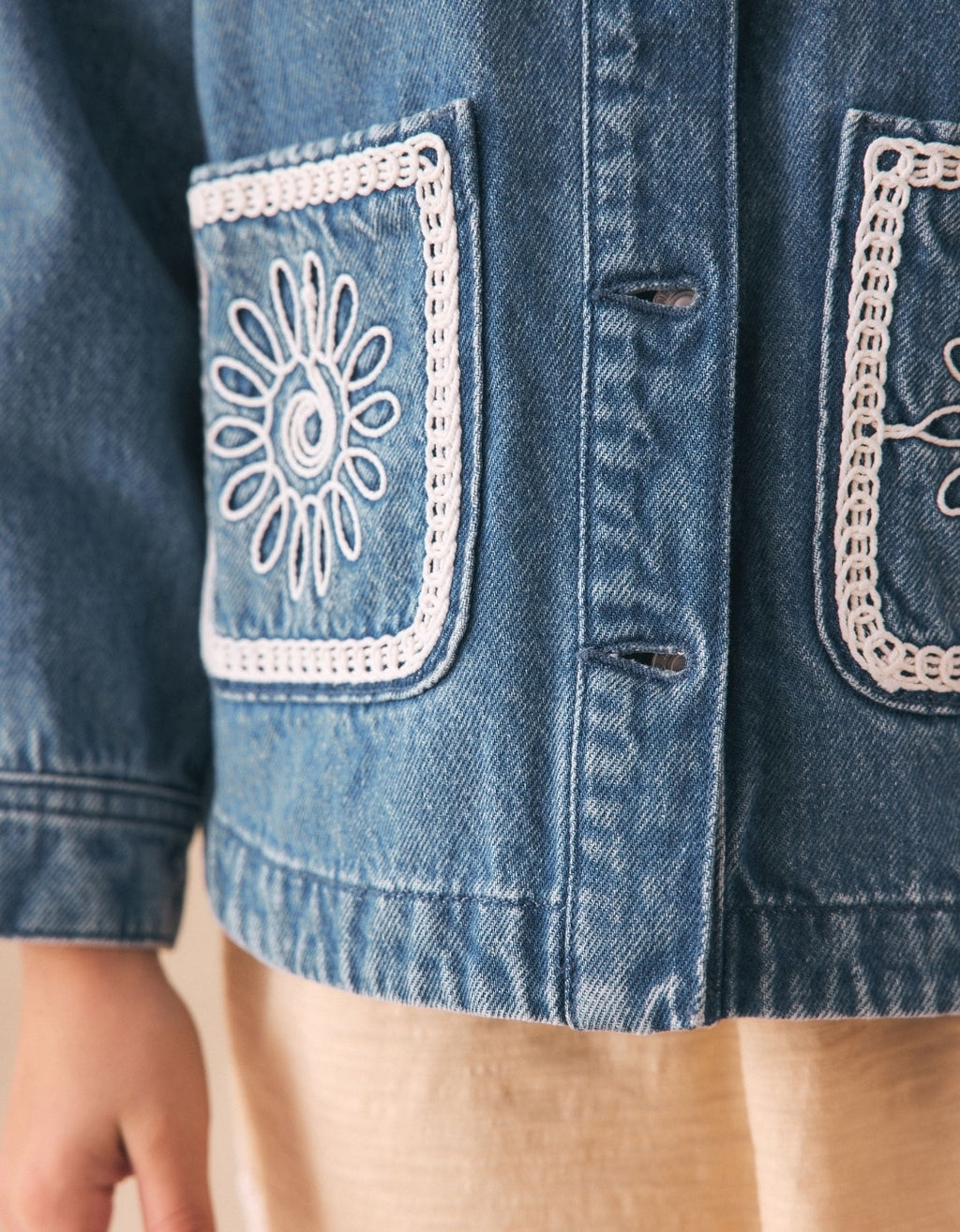 Mid Blue Denim Crochet Pocket Shacket