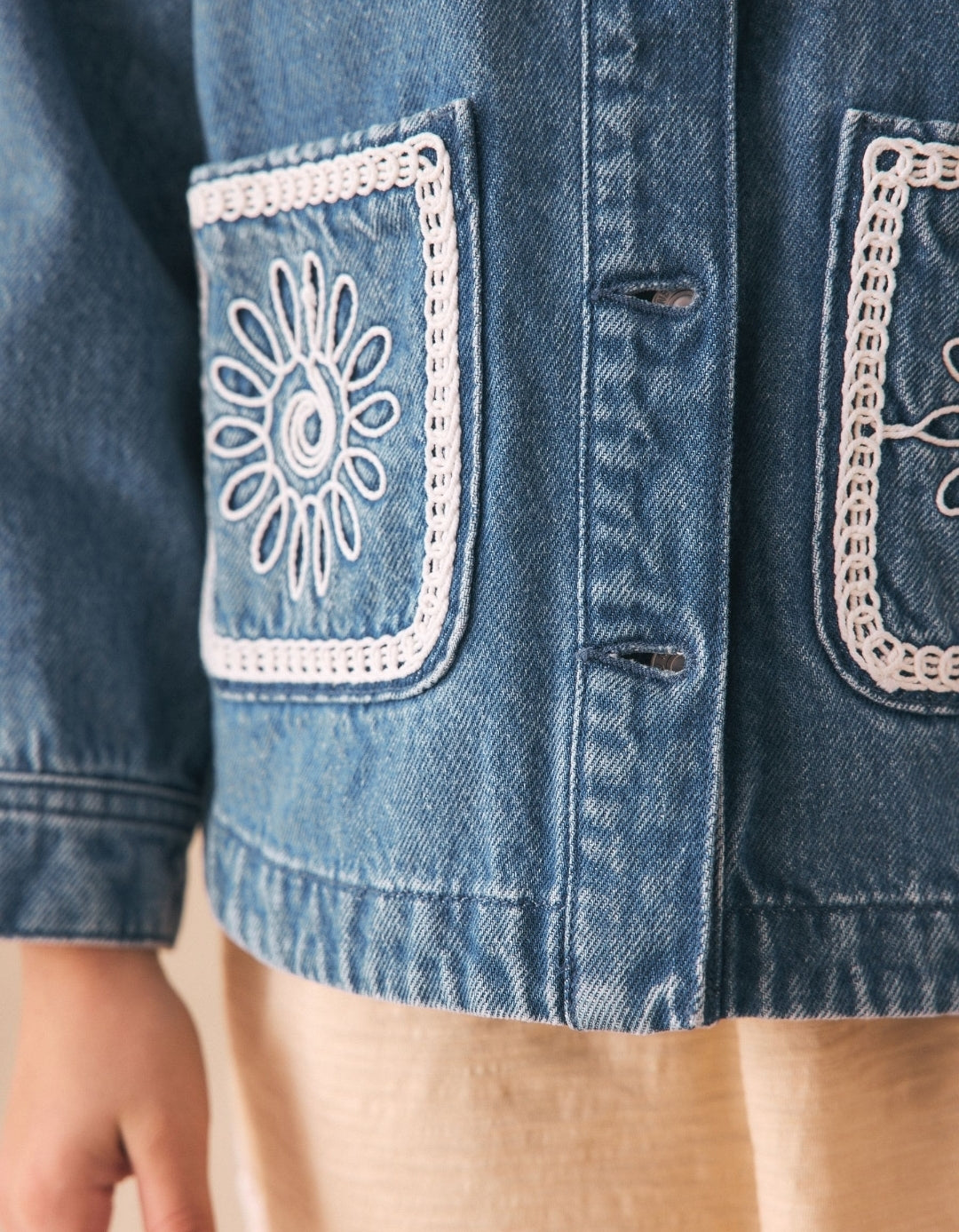 Mid Blue Denim Crochet Pocket Shacket