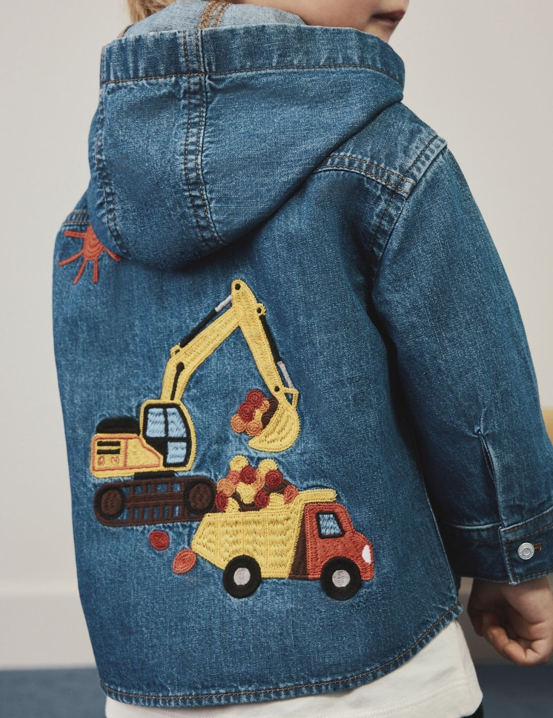 Denim Embroidery Transport Long Sleeve Hooded Overshirt