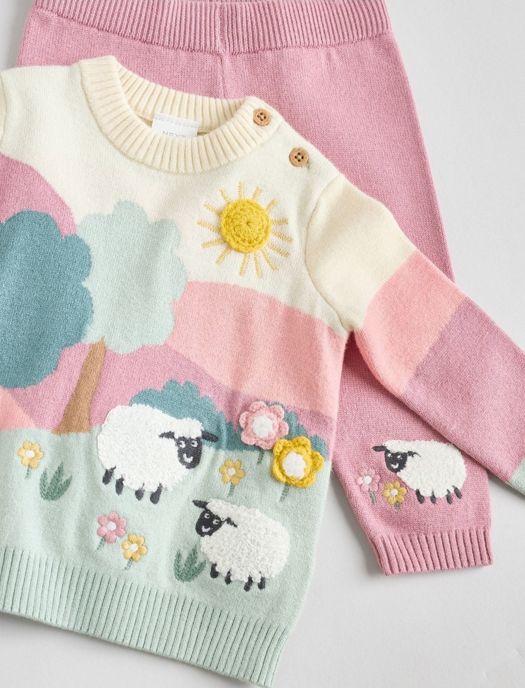 Pink Sheep Scene Baby Knitted Jumper and Leggings Set 2 Piece