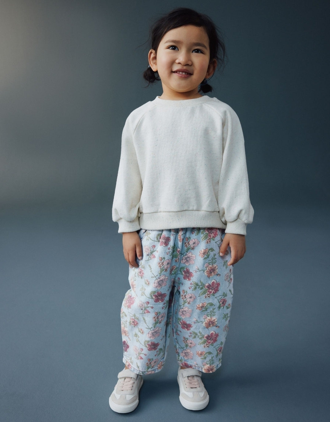 Blue Floral Print Pullon Barrel Jeans