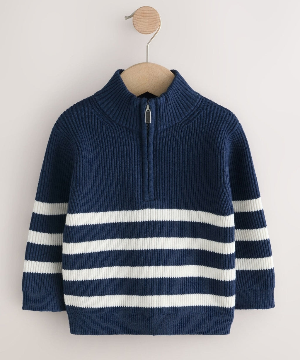 Navy Blue/Ecru Stripe Knitted Quarter Zip Jumper