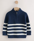 Navy Blue/Ecru Stripe Knitted Quarter Zip Jumper