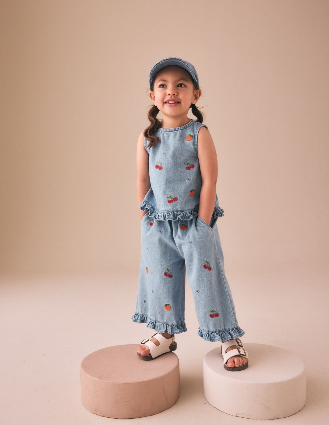 Fruit Embroidered Denim Top & Trousers Set
