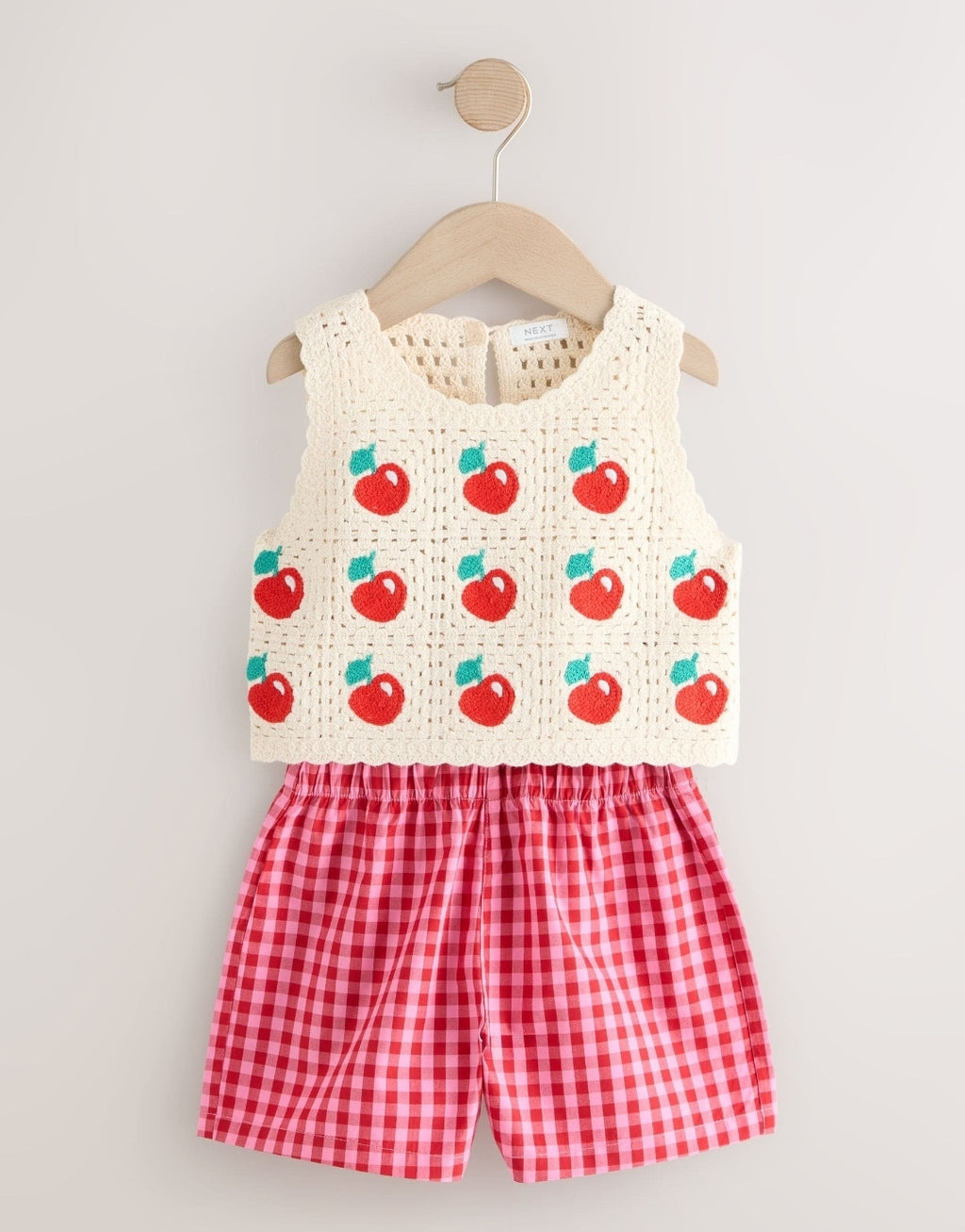 Red Crochet Cherry Top With Gingham Shorts
