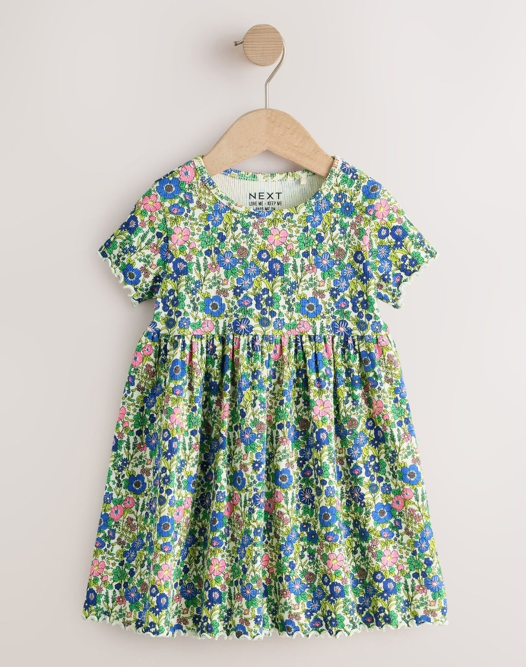 Blue Floral Short Sleeve Ribbed Dress