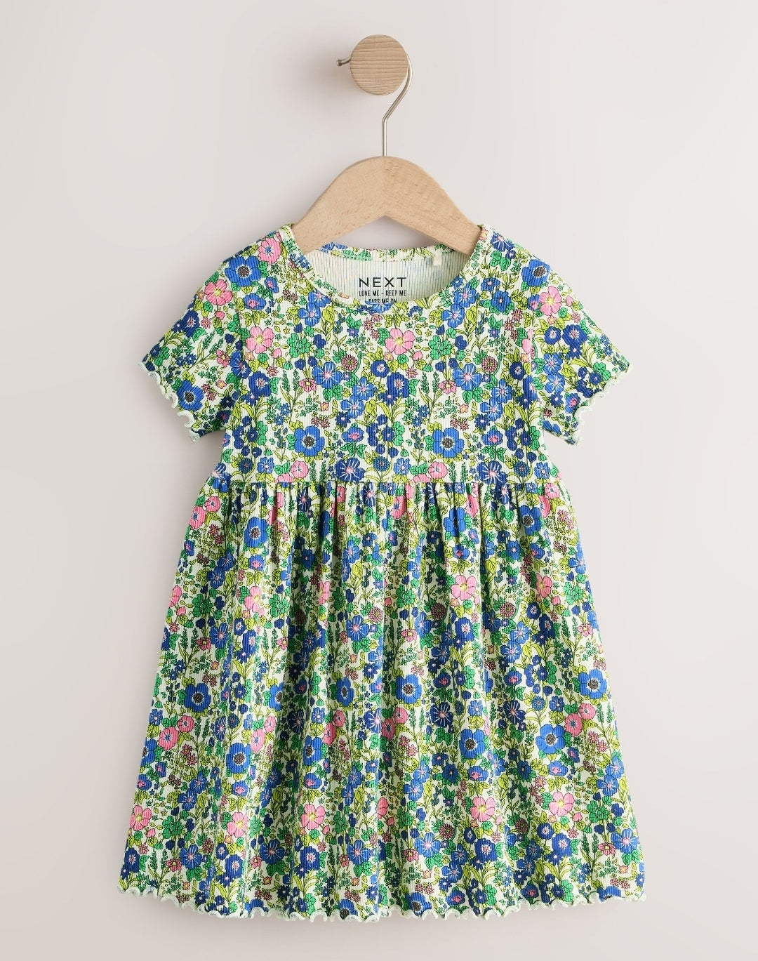 Blue Floral Short Sleeve Ribbed Dress